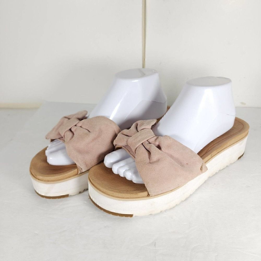 UGG Women's Joan US 10 Pink Suede Bow Open Toe Platform Slide Sandals